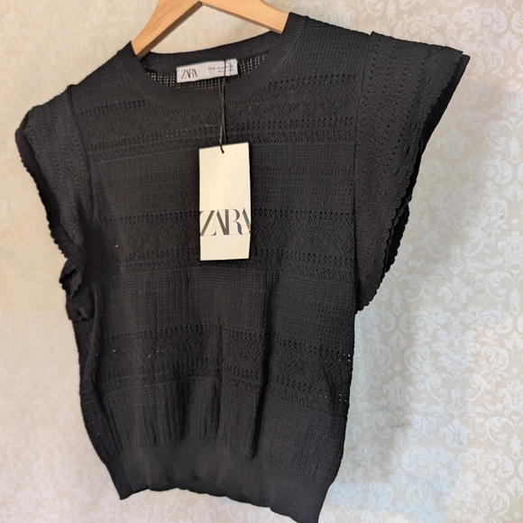 ZARA NWT Crop Top Pointelle w Double Ruffle Sleeve Large - Picture 3 of 16